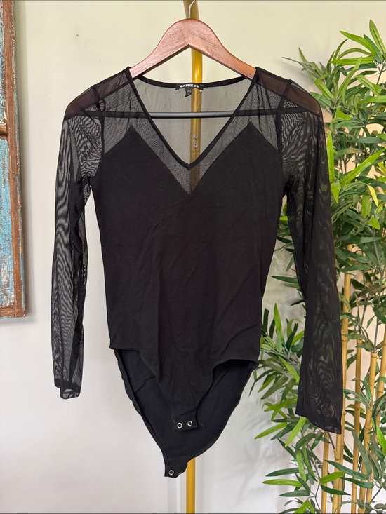 Express Tops - Express Black Mesh Sleeve V-Neck Bodysuit - Sleek Women's Top S